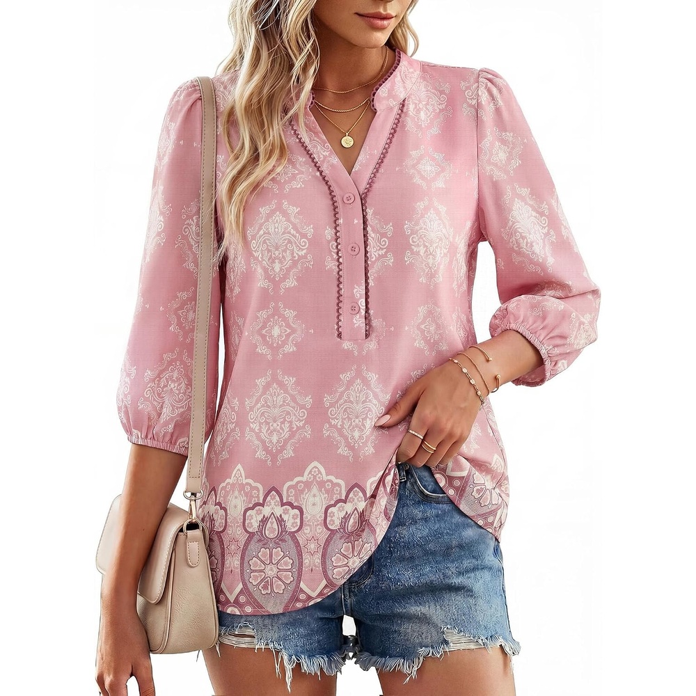 image:imageGRACE KARIN Boho Tops for Women Summer Dressy Casual Floral Blouses V Neck Button Up 34 Sleeve Shirts for VacationPink