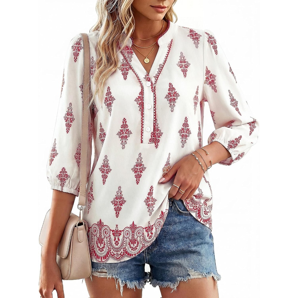 image:imageGRACE KARIN Boho Tops for Women Summer Dressy Casual Floral Blouses V Neck Button Up 34 Sleeve Shirts for VacationPink Floral
