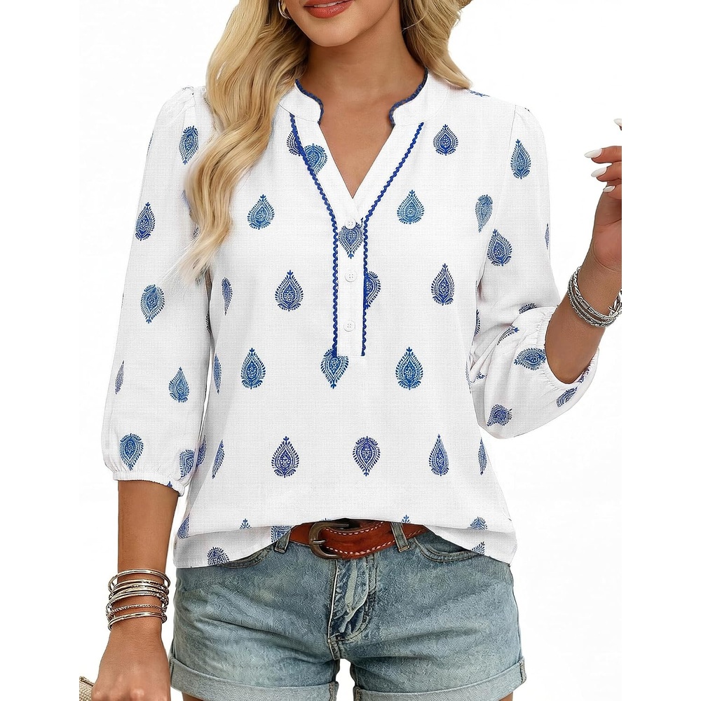 image:imageGRACE KARIN Boho Tops for Women Summer Dressy Casual Floral Blouses V Neck Button Up 34 Sleeve Shirts for VacationWhite Blue Floral