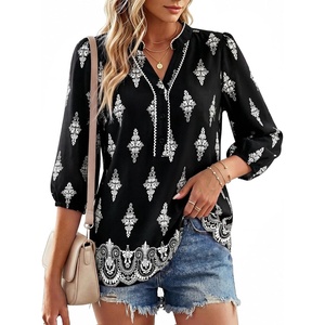 GRACE KARIN Boho Tops for Women Summer, Dressy Casual Floral Blouses, V Neck Button Up 3/4 Sleeve Shirts for Vacation(Black)
