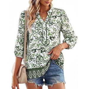 GRACE KARIN Boho Tops for Women Summer, Dressy Casual Floral Blouses, V Neck Button Up 3/4 Sleeve Shirts for Vacation(Green Floral)