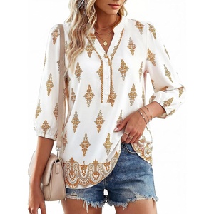 GRACE KARIN Boho Tops for Women Summer, Dressy Casual Floral Blouses, V Neck Button Up 3/4 Sleeve Shirts for Vacation(Oragne Floral)