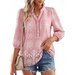 GRACE KARIN Boho Tops for Women Summer, Dressy Casual Floral Blouses, V Neck Button Up 3/4 Sleeve Shirts for Vacation(Pink)