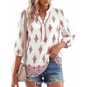 GRACE KARIN Boho Tops for Women Summer, Dressy Casual Floral Blouses, V Neck Button Up 3/4 Sleeve Shirts for Vacation(Pink Floral)