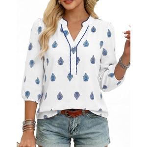 GRACE KARIN Boho Tops for Women Summer, Dressy Casual Floral Blouses, V Neck Button Up 3/4 Sleeve Shirts for Vacation(White Blue Floral)