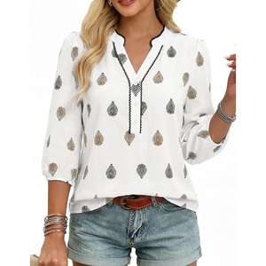 GRACE KARIN Boho Tops for Women Summer, Dressy Casual Floral Blouses, V Neck Button Up 3/4 Sleeve Shirts for Vacation(White Coffee Floral)