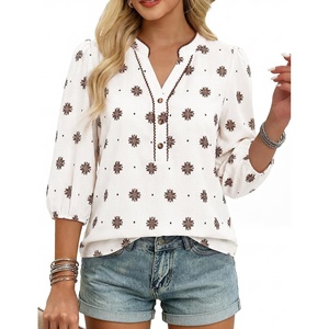 GRACE KARIN Boho Tops for Women Summer, Dressy Casual Floral Blouses, V Neck Button Up 3/4 Sleeve Shirts for Vacation(White Floral)