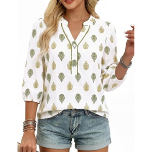 GRACE KARIN Boho Tops for Women Summer, Dressy Casual Floral Blouses, V Neck Button Up 3/4 Sleeve Shirts for Vacation(White Green)