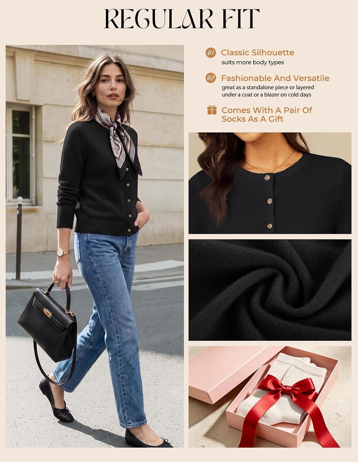 image:imageGRACE KARIN Cashmere Cardigan Sweaters for Women Merino Wool Fall SweatersBlack