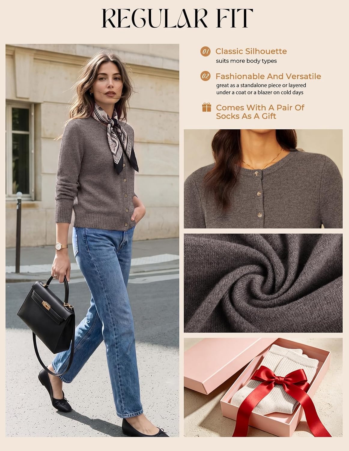 image:imageGRACE KARIN Cashmere Cardigan Sweaters for Women Merino Wool Fall SweatersCoffee Brown