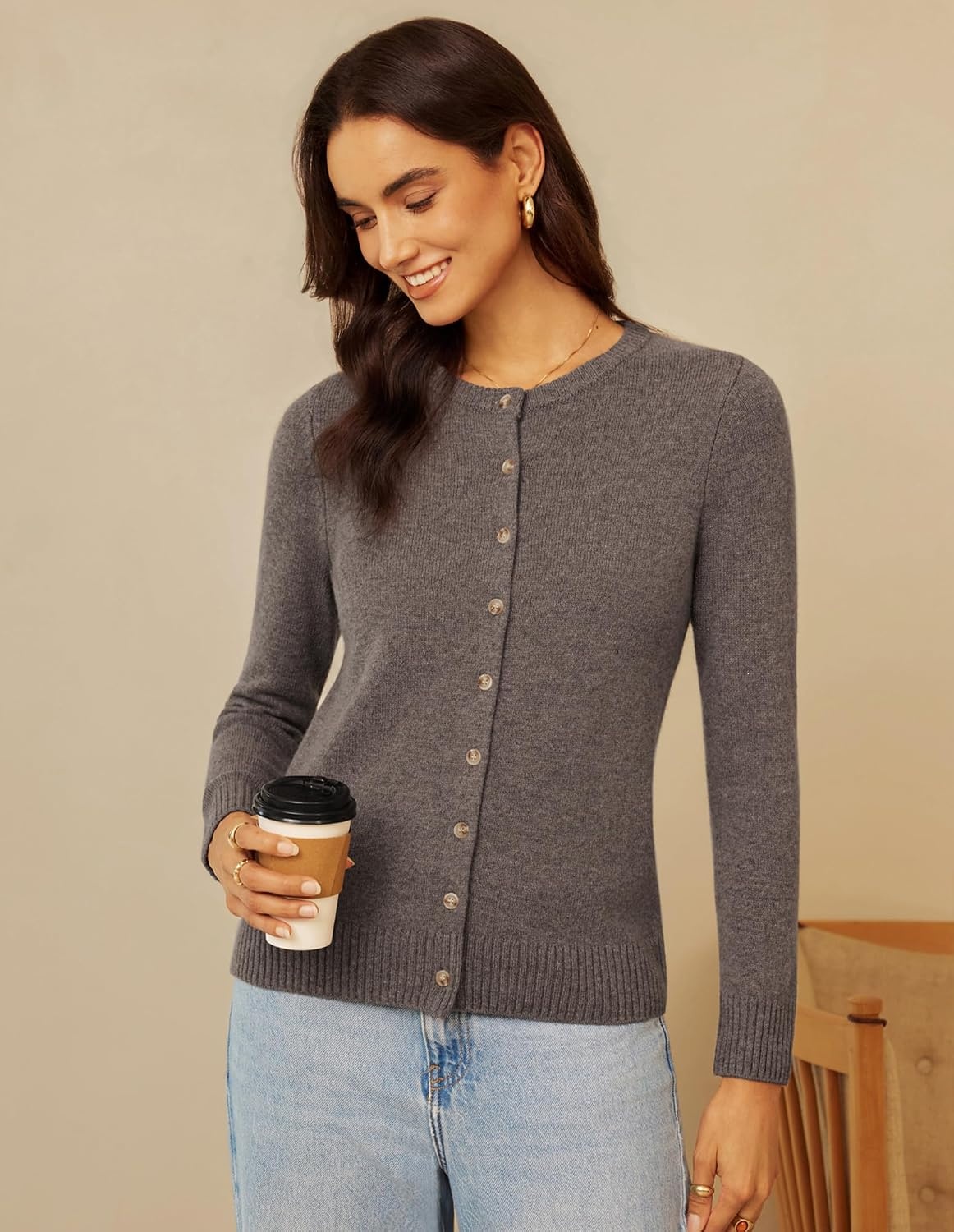 image:imageGRACE KARIN Cashmere Cardigan Sweaters for Women Merino Wool Fall SweatersCoffee Brown