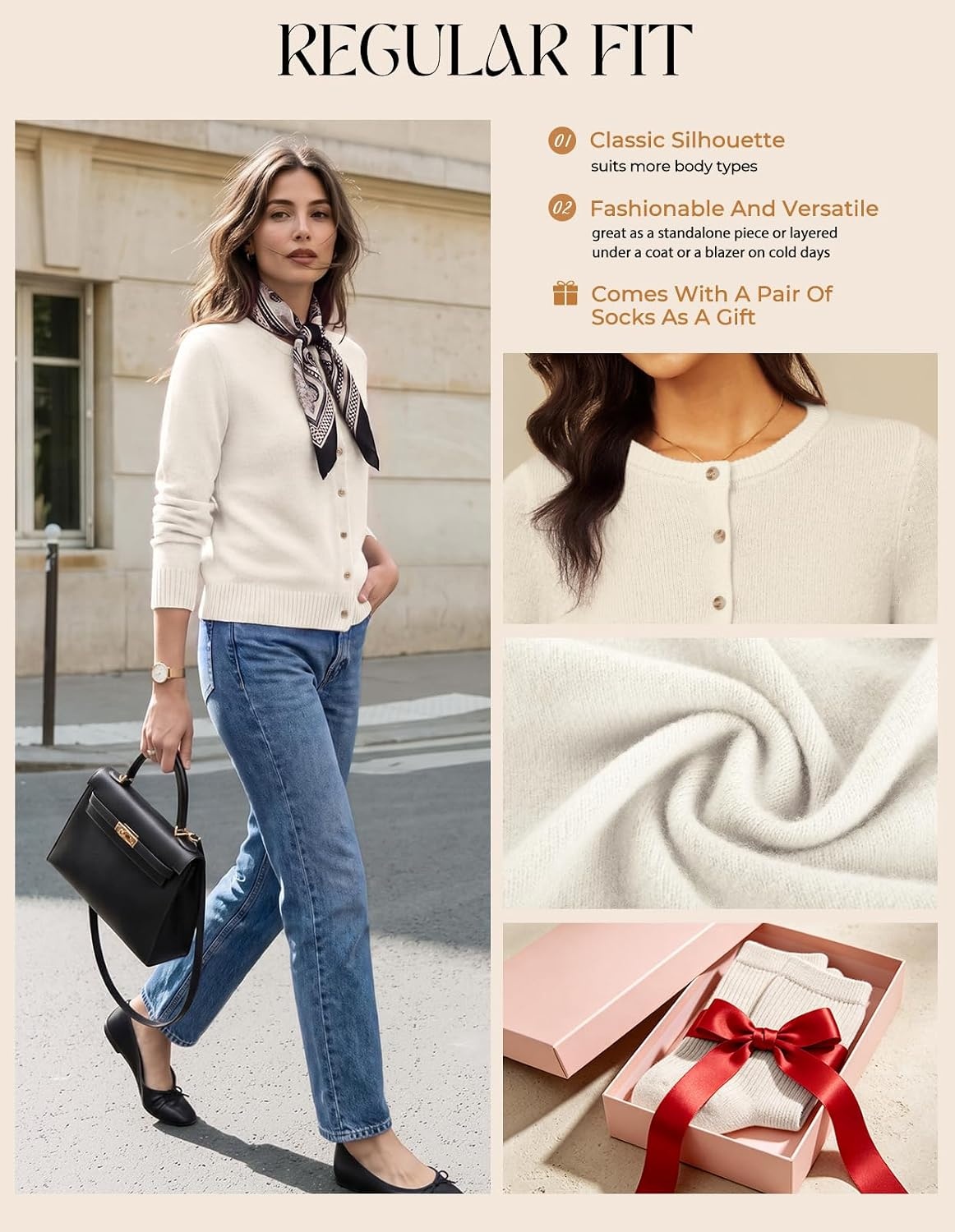 image:imageGRACE KARIN Cashmere Cardigan Sweaters for Women Merino Wool Fall SweatersCream White