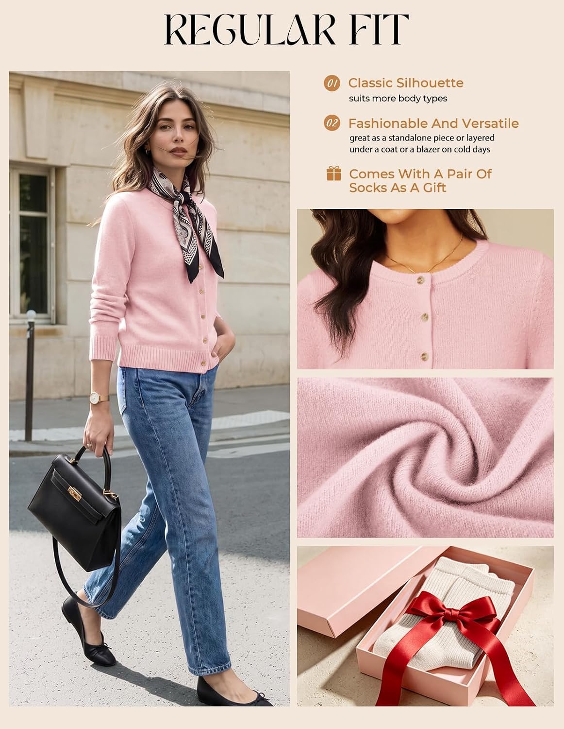 image:imageGRACE KARIN Cashmere Cardigan Sweaters for Women Merino Wool Fall SweatersLight Pink