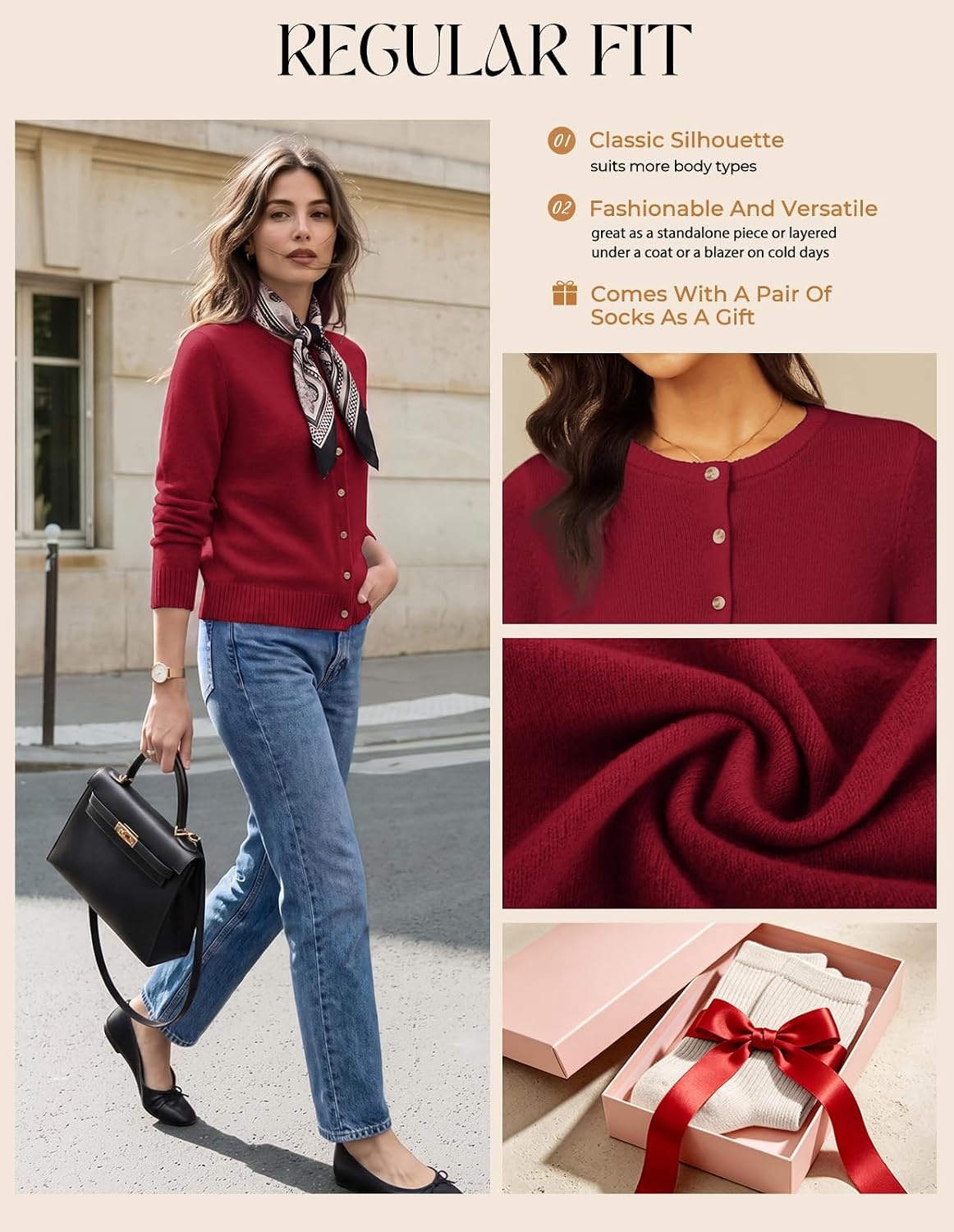 image:imageGRACE KARIN Cashmere Cardigan Sweaters for Women Merino Wool Fall SweatersRed