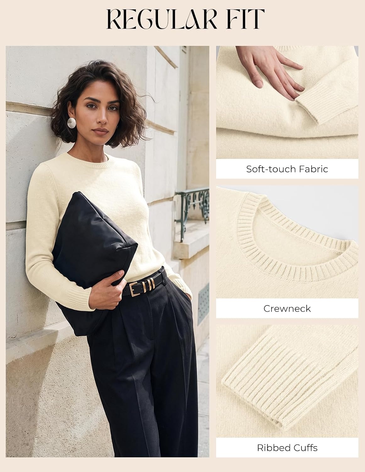 image:imageGRACE KARIN Cashmere Sweaters for Women Merino Wool Soft Fall Sweater TopIvory White
