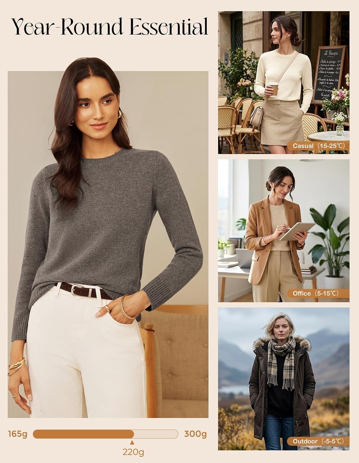 image:imageGRACE KARIN Cashmere Sweaters for Women Merino Wool Soft Fall Sweater TopLight Brown