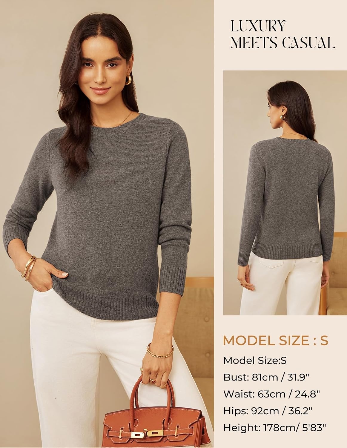 image:imageGRACE KARIN Cashmere Sweaters for Women Merino Wool Soft Fall Sweater TopLight Brown