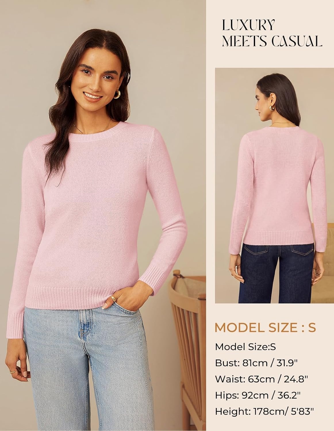 image:imageGRACE KARIN Cashmere Sweaters for Women Merino Wool Soft Fall Sweater TopLight Pink