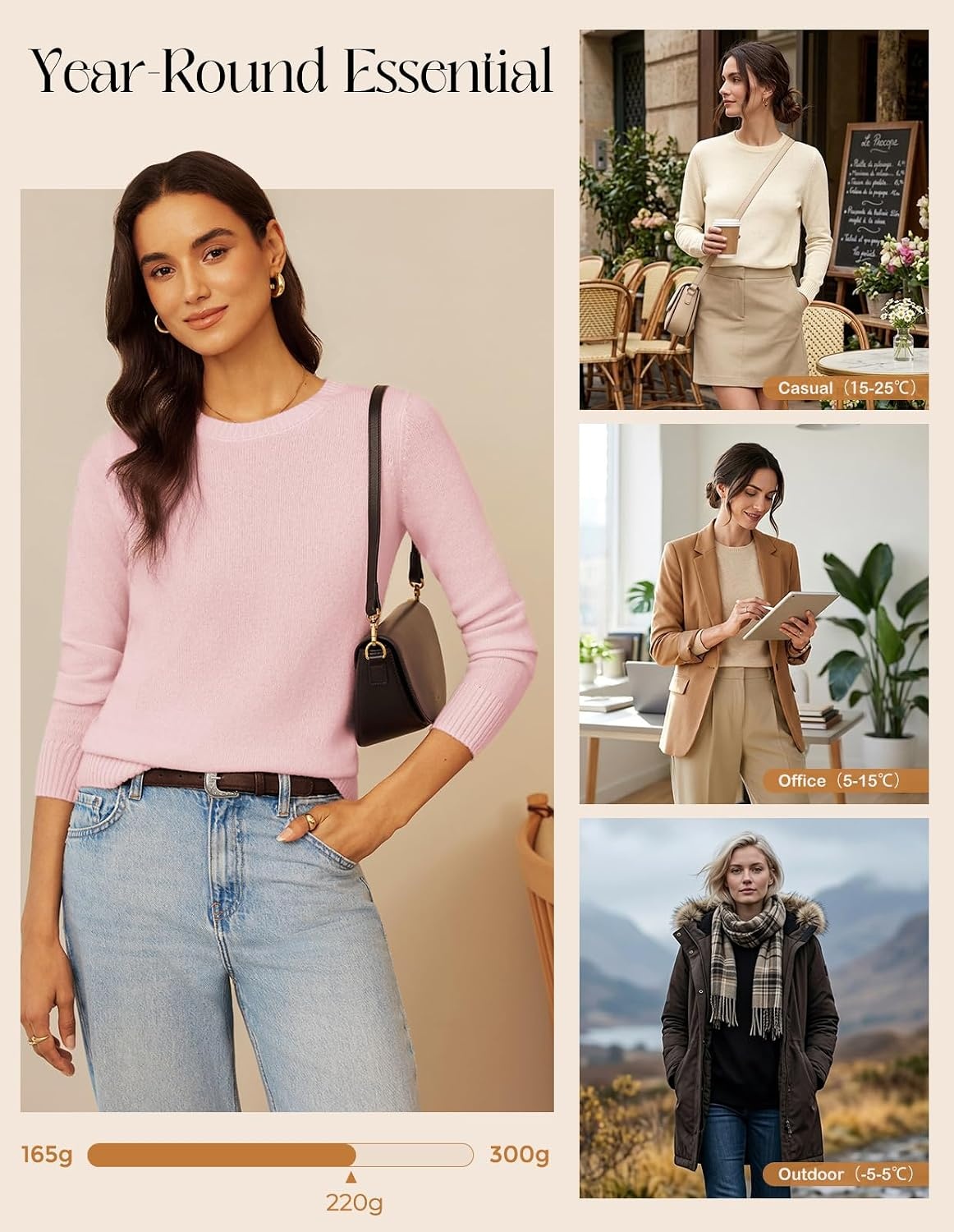 image:imageGRACE KARIN Cashmere Sweaters for Women Merino Wool Soft Fall Sweater TopLight Pink