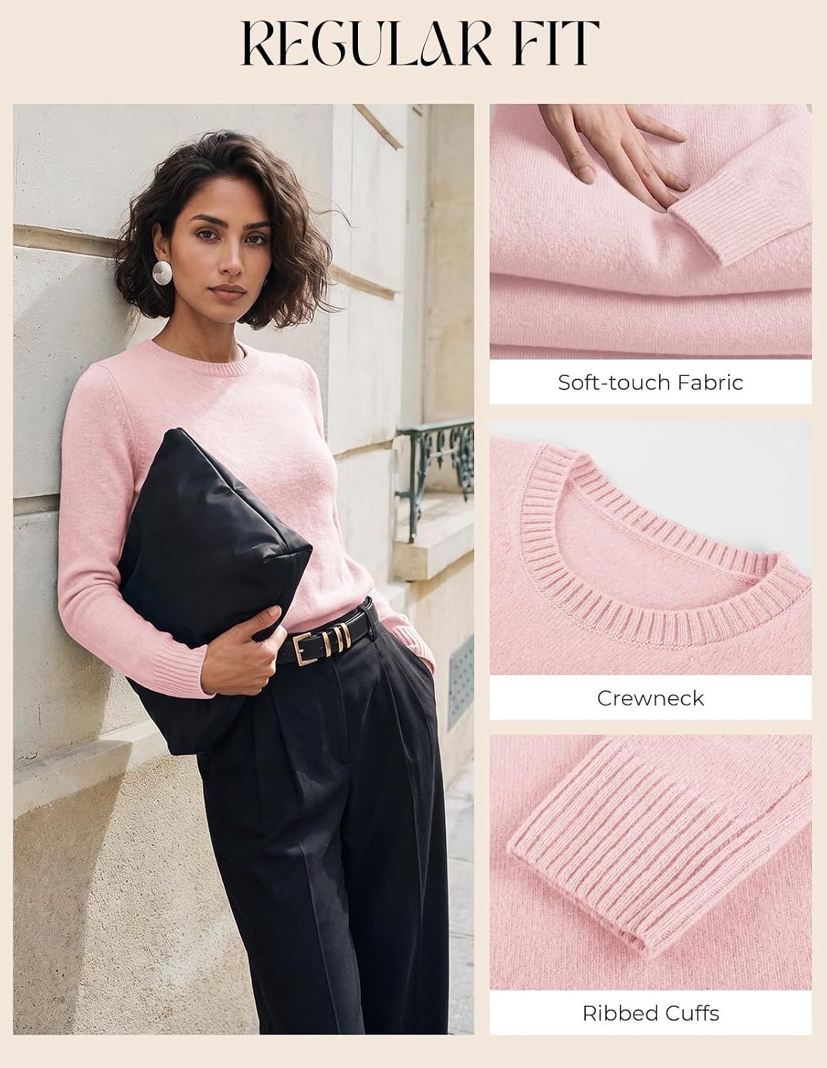 image:imageGRACE KARIN Cashmere Sweaters for Women Merino Wool Soft Fall Sweater TopLight Pink