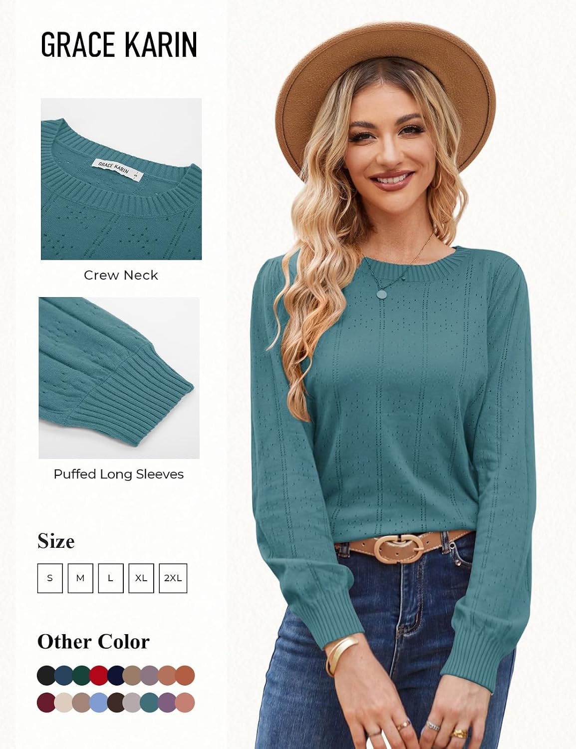 image:imageGRACE KARIN Puff Long Sleeve Crochet Fall Sweaters for Women Trendy 2026Blue Green