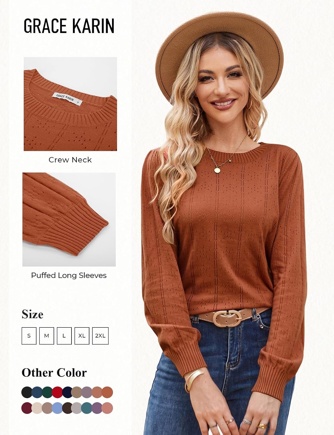 image:imageGRACE KARIN Puff Long Sleeve Crochet Fall Sweaters for Women Trendy 2026Caramel