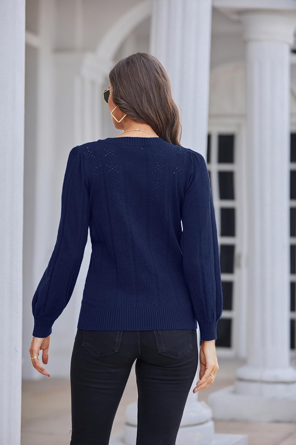 image:imageGRACE KARIN Puff Long Sleeve Crochet Fall Sweaters for Women Trendy 2026Cl0834 Dark Blue Long Sleeve