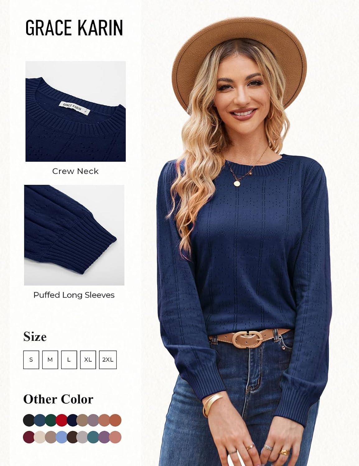 image:imageGRACE KARIN Puff Long Sleeve Crochet Fall Sweaters for Women Trendy 2026Cl0834 Dark Blue Long Sleeve