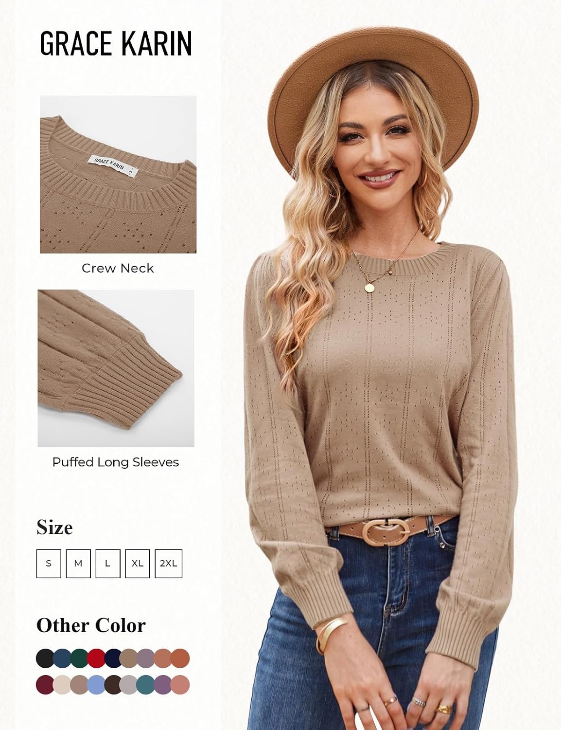 image:imageGRACE KARIN Puff Long Sleeve Crochet Fall Sweaters for Women Trendy 2026Cl0834 Dark Khaki Long Sleeve