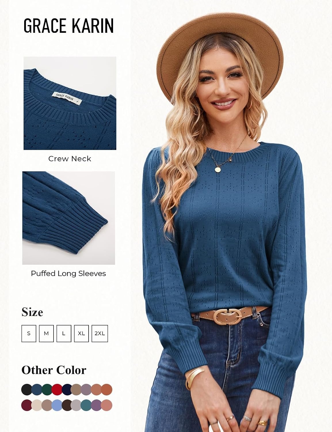 image:imageGRACE KARIN Puff Long Sleeve Crochet Fall Sweaters for Women Trendy 2026Cl0834 Navy Blue Long Sleeve