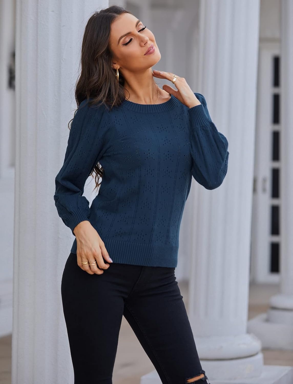 image:imageGRACE KARIN Puff Long Sleeve Crochet Fall Sweaters for Women Trendy 2026Cl0834 Navy Blue Long Sleeve
