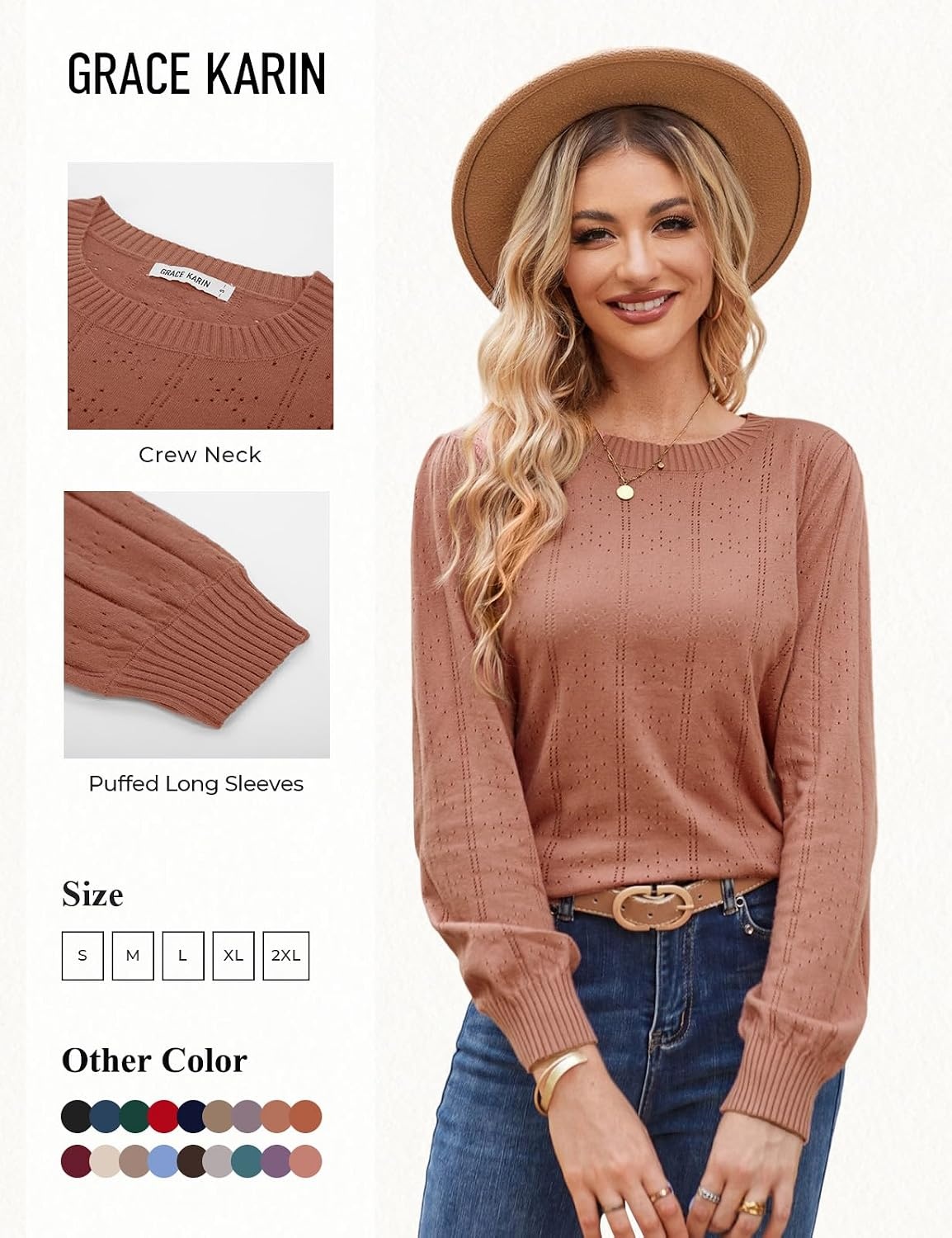 image:imageGRACE KARIN Puff Long Sleeve Crochet Fall Sweaters for Women Trendy 2026Cl0834 Red Brown Long Sleeve