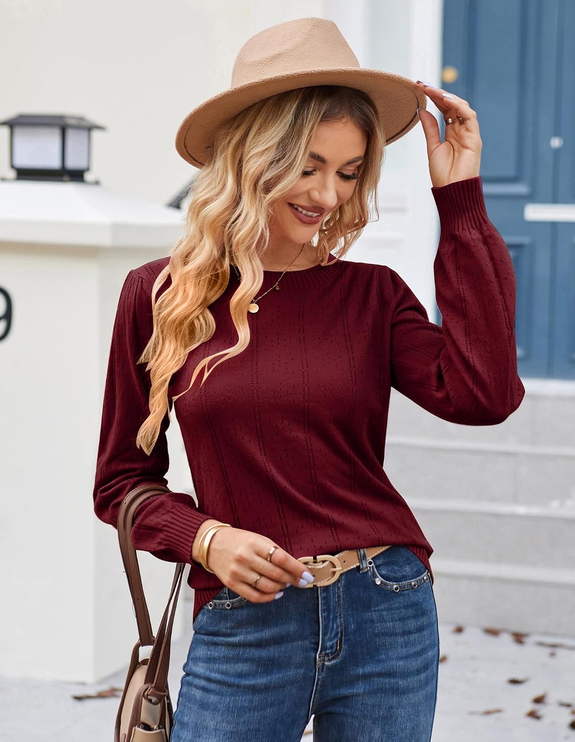 image:imageGRACE KARIN Puff Long Sleeve Crochet Fall Sweaters for Women Trendy 2026Dark Wine Red