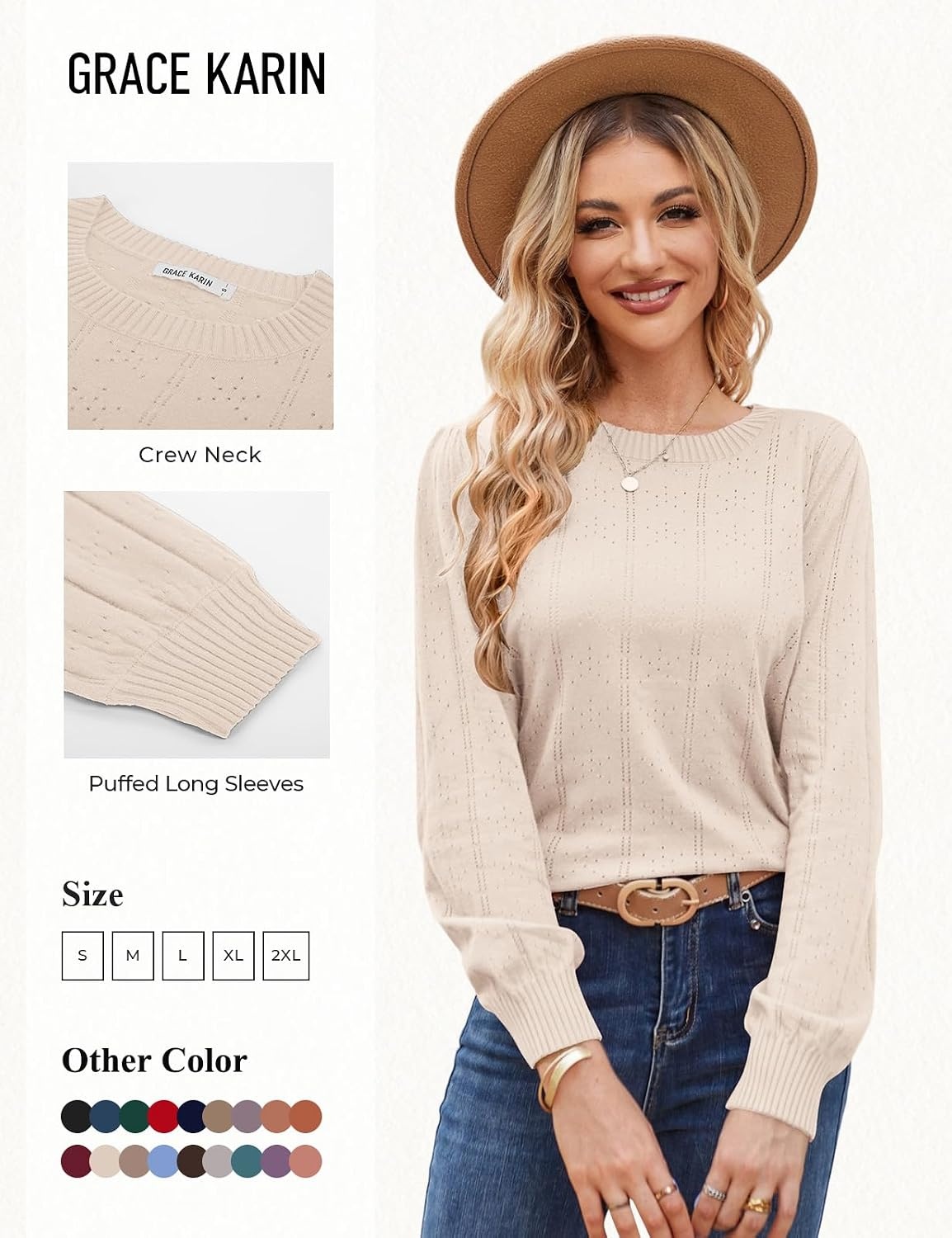 image:imageGRACE KARIN Puff Long Sleeve Crochet Fall Sweaters for Women Trendy 2026Ivory White