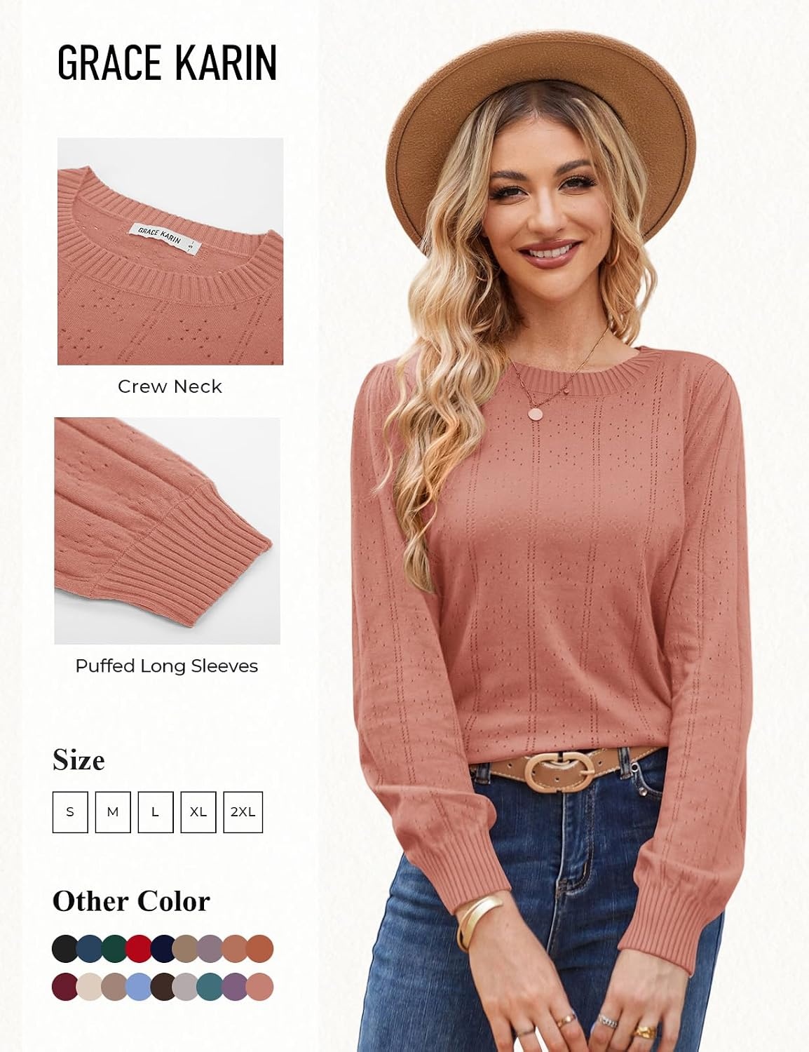 image:imageGRACE KARIN Puff Long Sleeve Crochet Fall Sweaters for Women Trendy 2026Light Orange