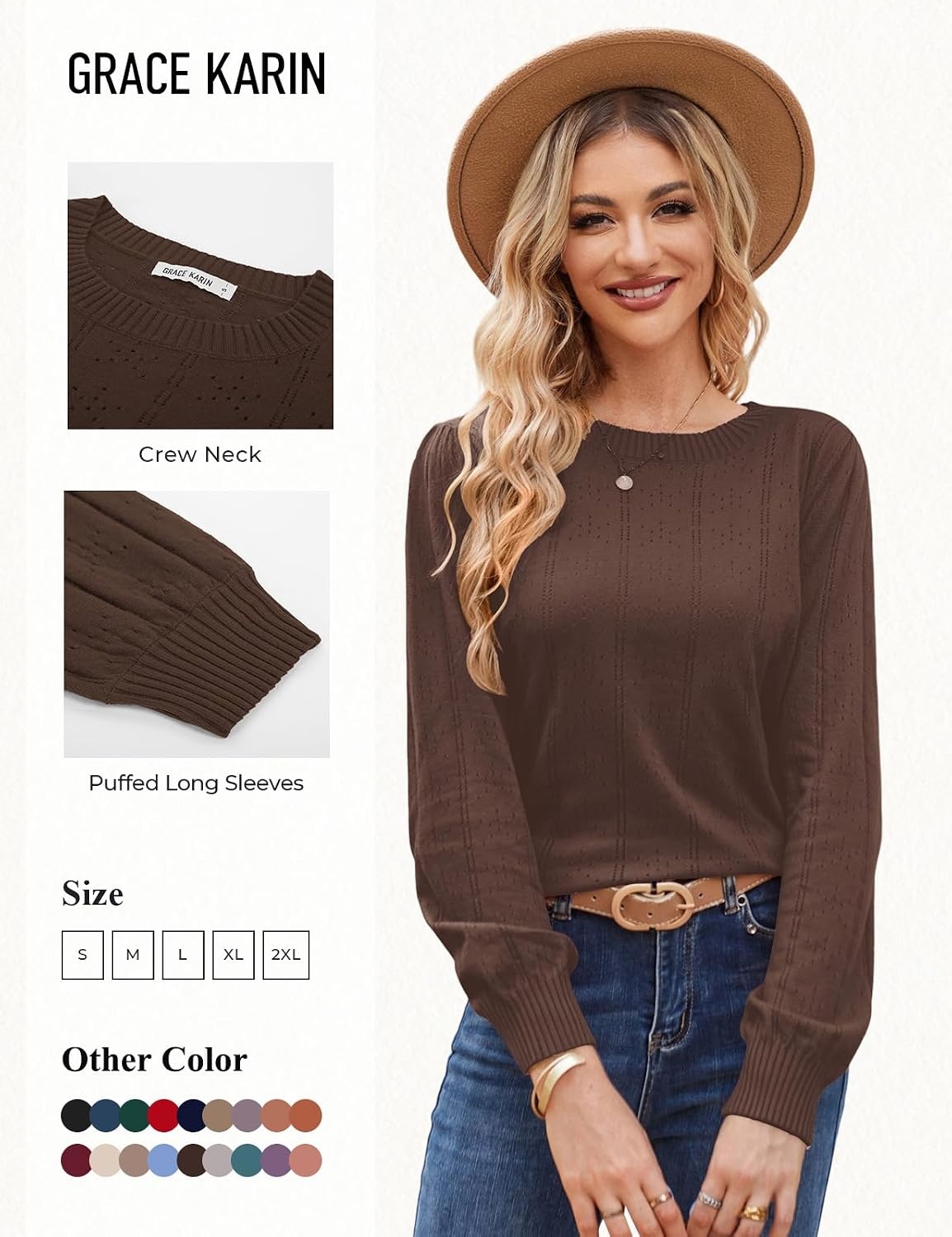 image:imageGRACE KARIN Puff Long Sleeve Crochet Fall Sweaters for Women Trendy 2026Shallow Brown