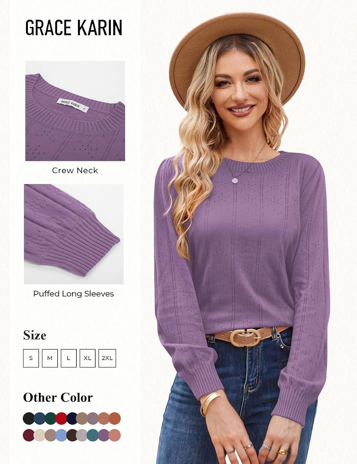 image:imageGRACE KARIN Puff Long Sleeve Crochet Fall Sweaters for Women Trendy 2026Violet