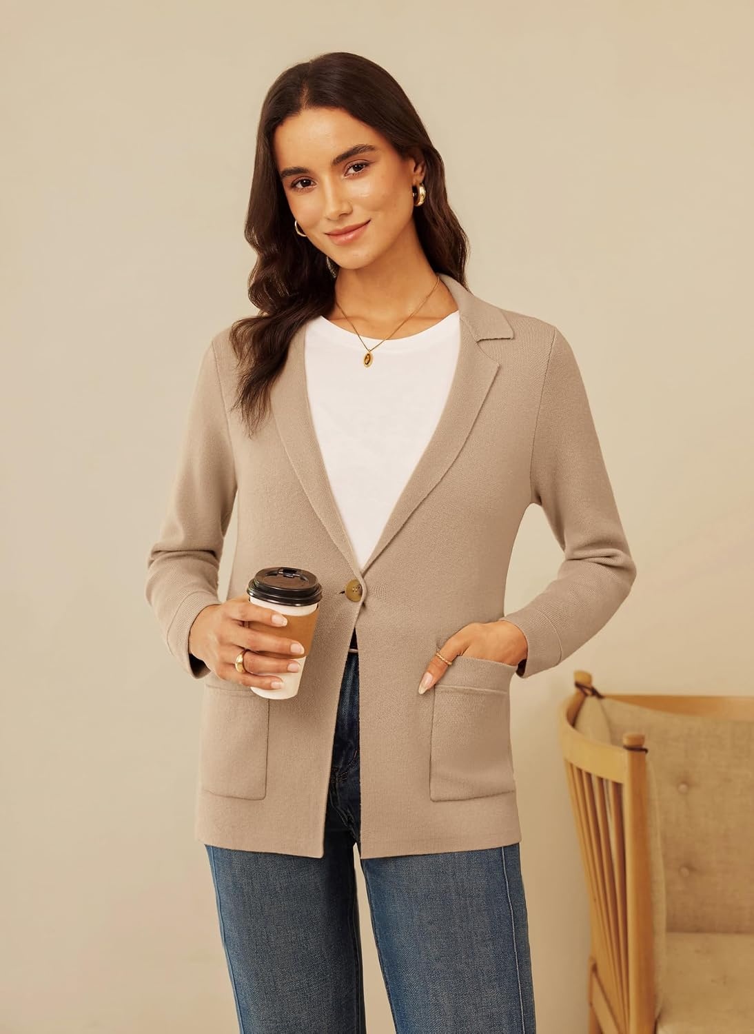image:imageGRACE KARIN Sweater Blazers for Women Business Casual Wool Blend JacketApricot