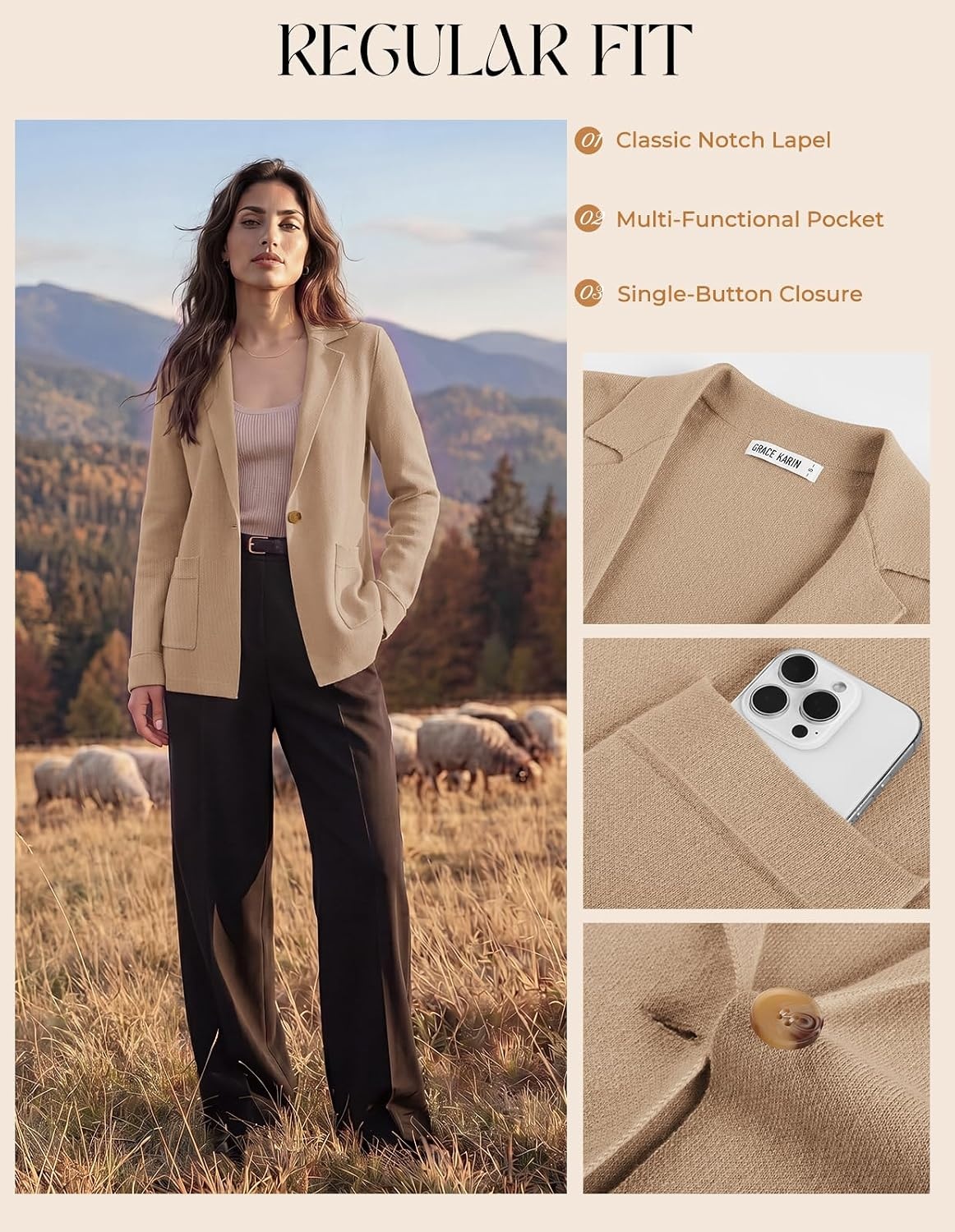 image:imageGRACE KARIN Sweater Blazers for Women Business Casual Wool Blend JacketApricot