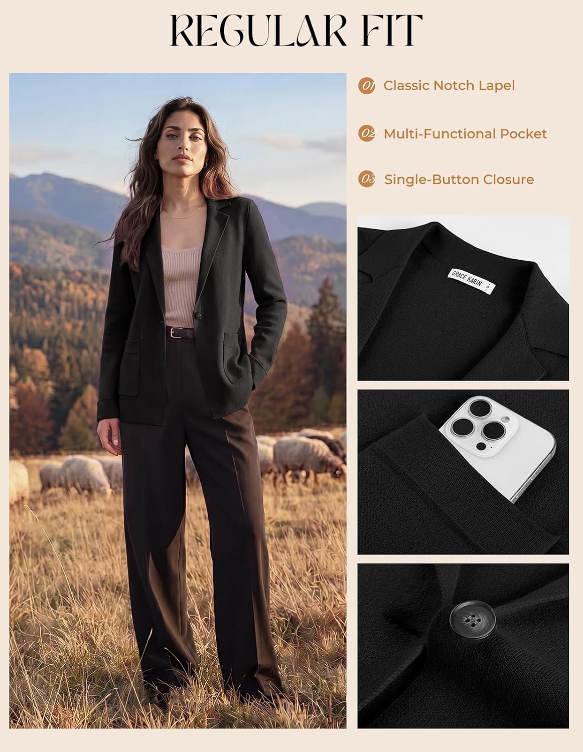 image:imageGRACE KARIN Sweater Blazers for Women Business Casual Wool Blend JacketBlack