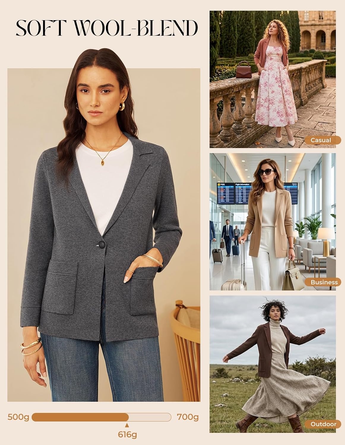 image:imageGRACE KARIN Sweater Blazers for Women Business Casual Wool Blend JacketDeep Grey