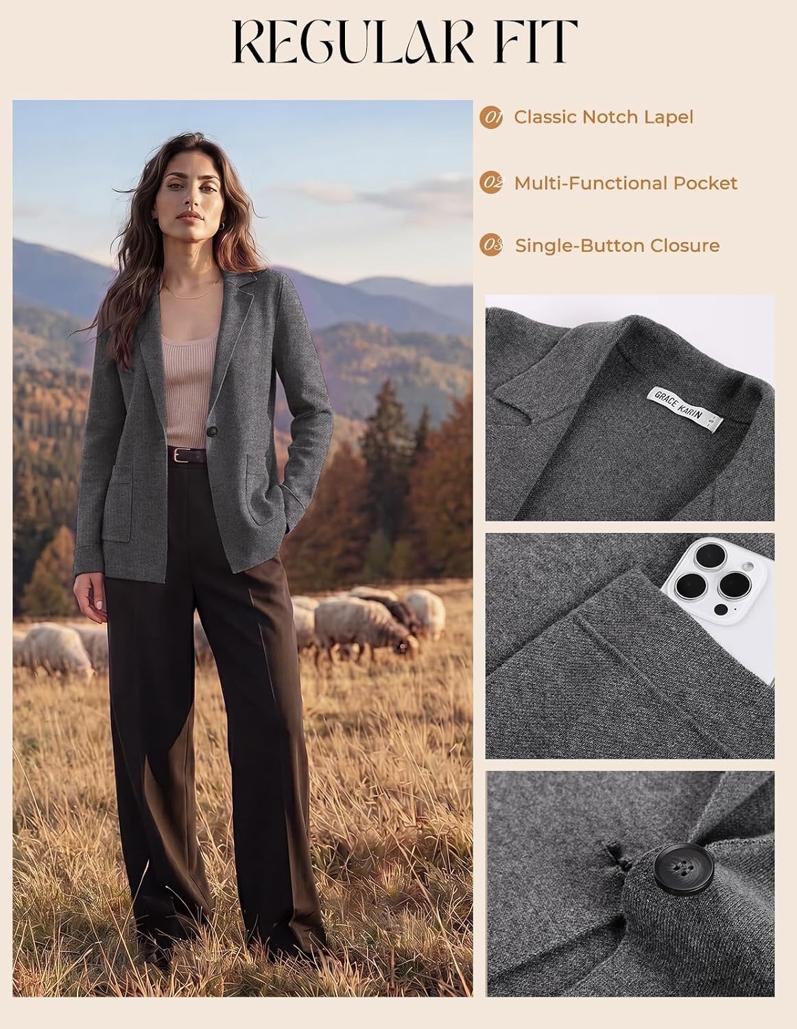 image:imageGRACE KARIN Sweater Blazers for Women Business Casual Wool Blend JacketDeep Grey
