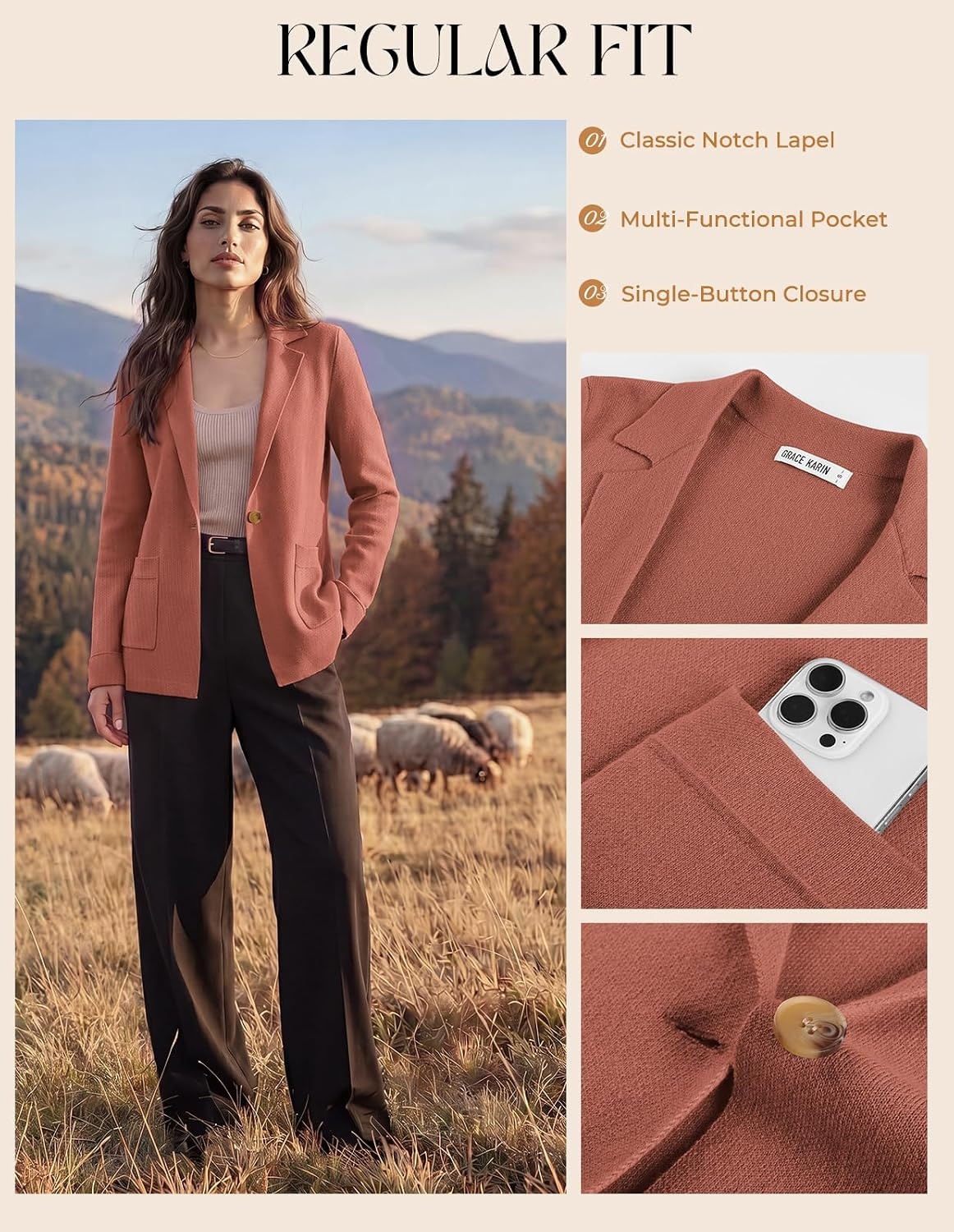 image:imageGRACE KARIN Sweater Blazers for Women Business Casual Wool Blend JacketPotters Clay