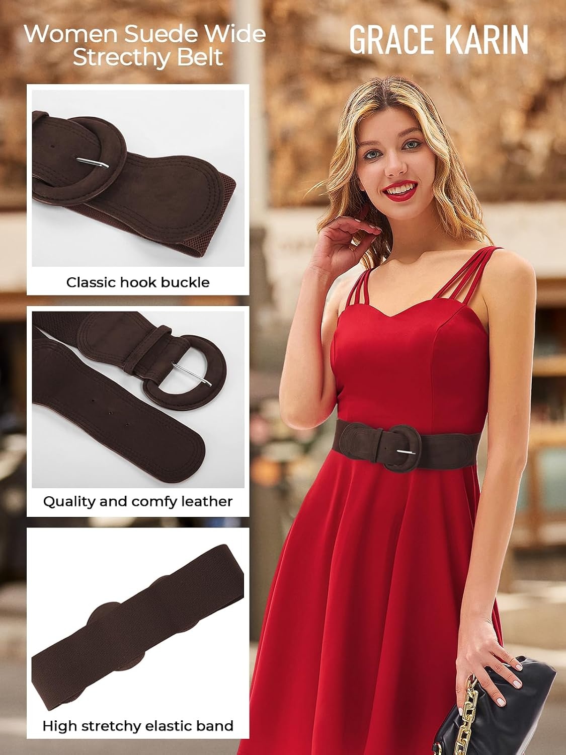 image:imageGRACE KARIN Wide Belt for Women Suede Elastic Chunky Belts with BuckleNavycoffee