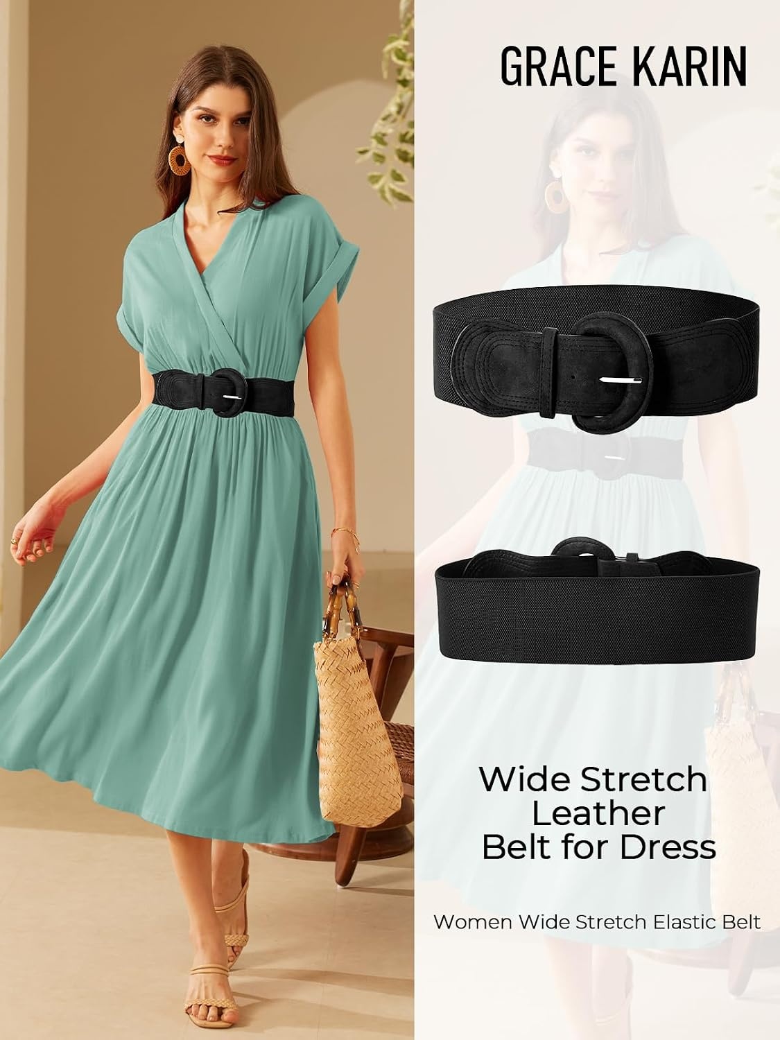 image:imageGRACE KARIN Wide Belt for Women Suede Elastic Chunky Belts with BuckleSuedeblack