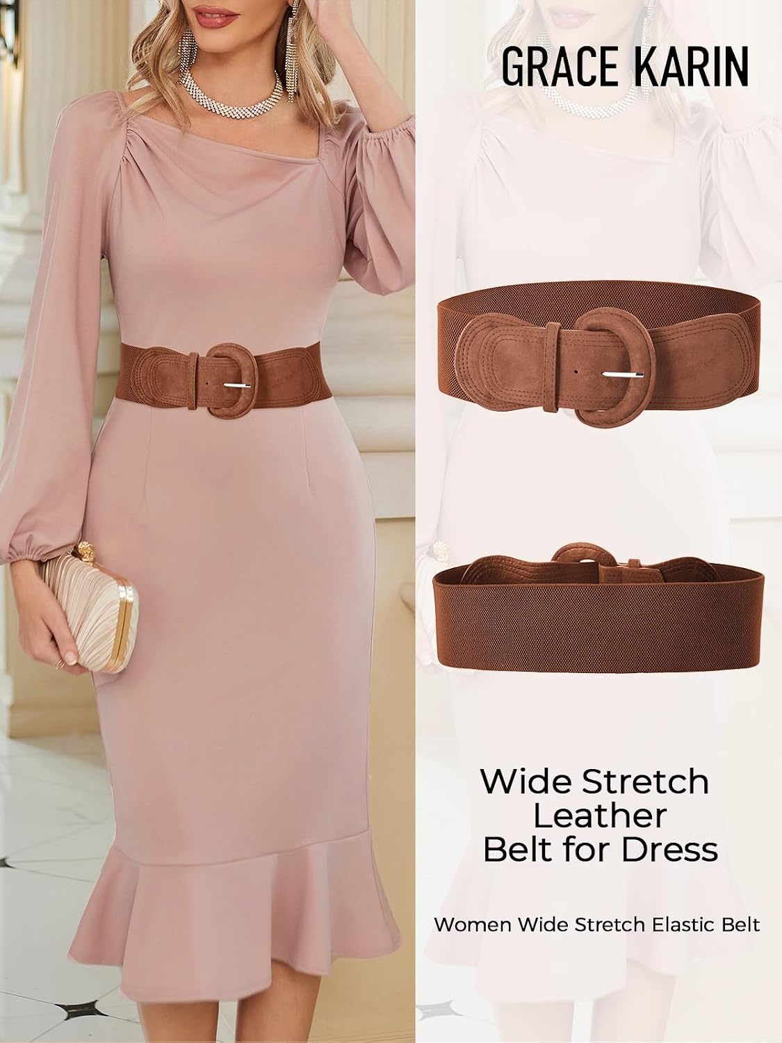 image:imageGRACE KARIN Wide Belt for Women Suede Elastic Chunky Belts with BuckleSuedebrown