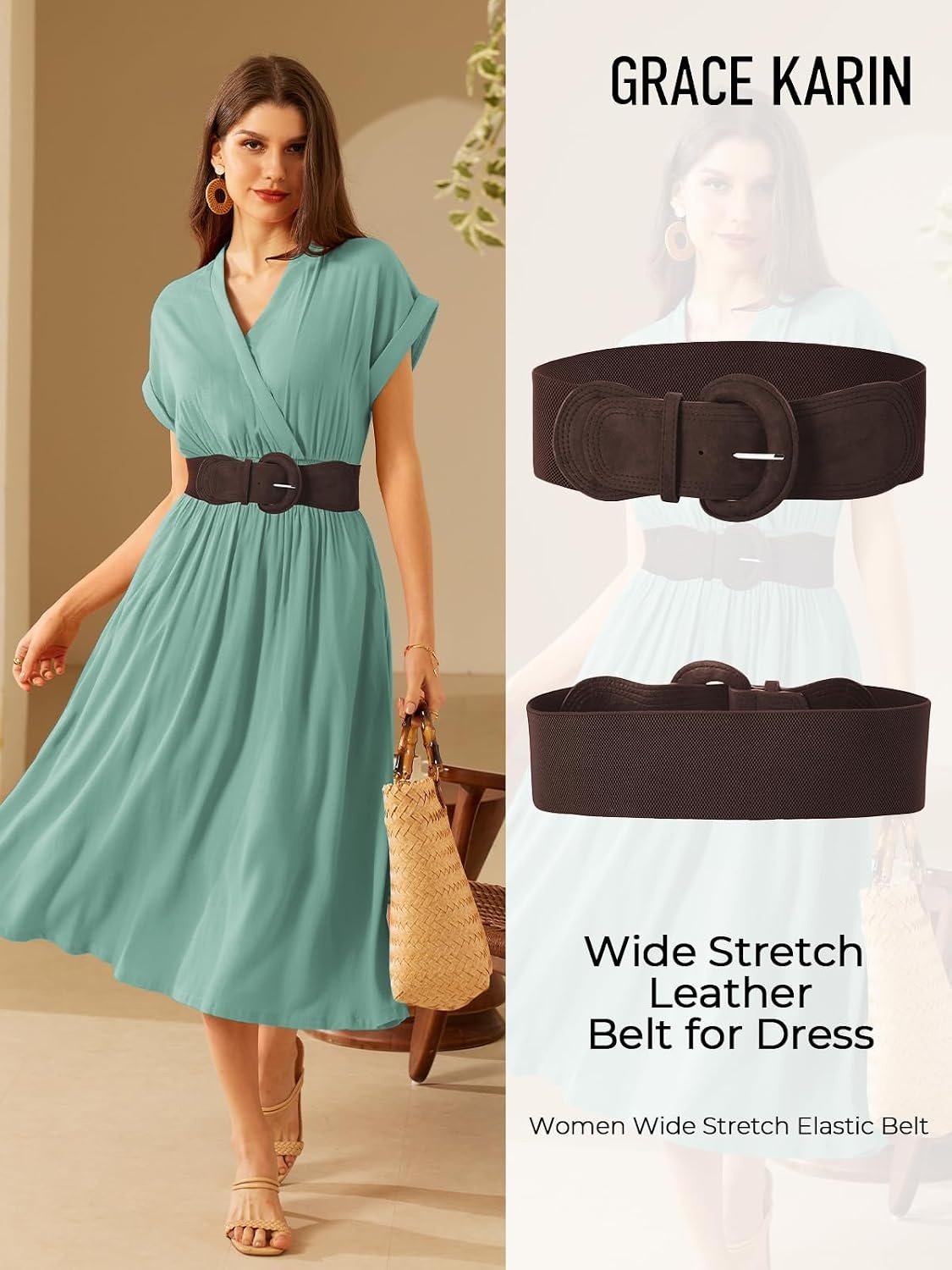 image:imageGRACE KARIN Wide Belt for Women Suede Elastic Chunky Belts with BuckleSuedecoffee