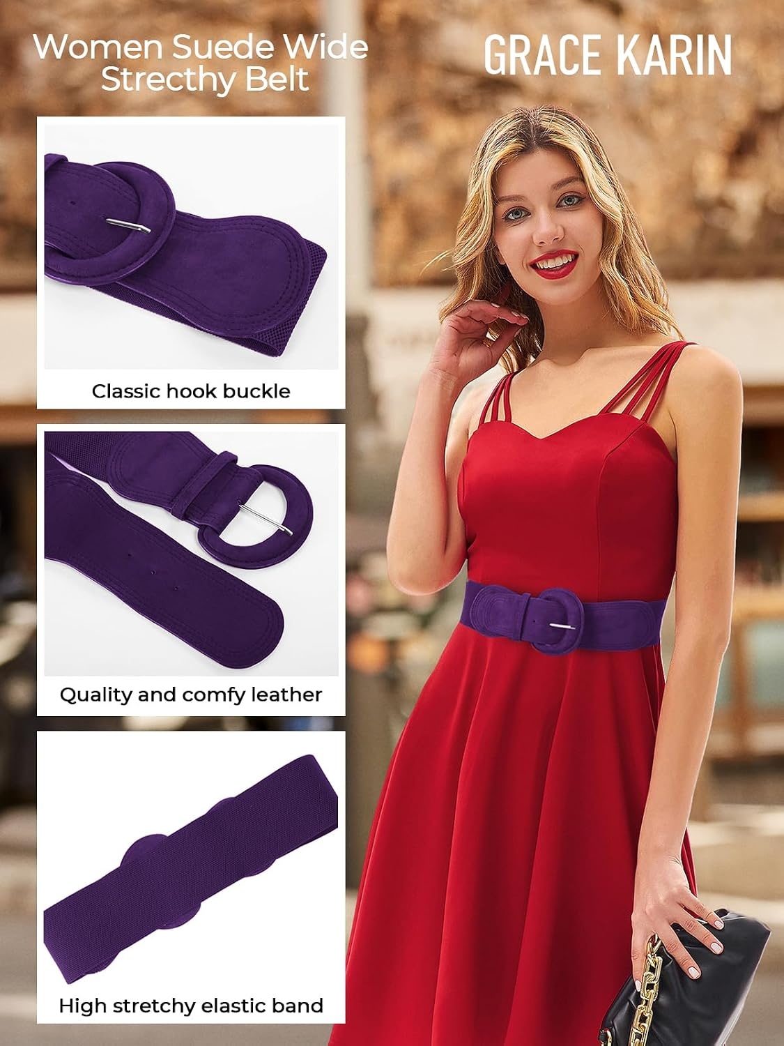 image:imageGRACE KARIN Wide Belt for Women Suede Elastic Chunky Belts with BuckleSuedepurple