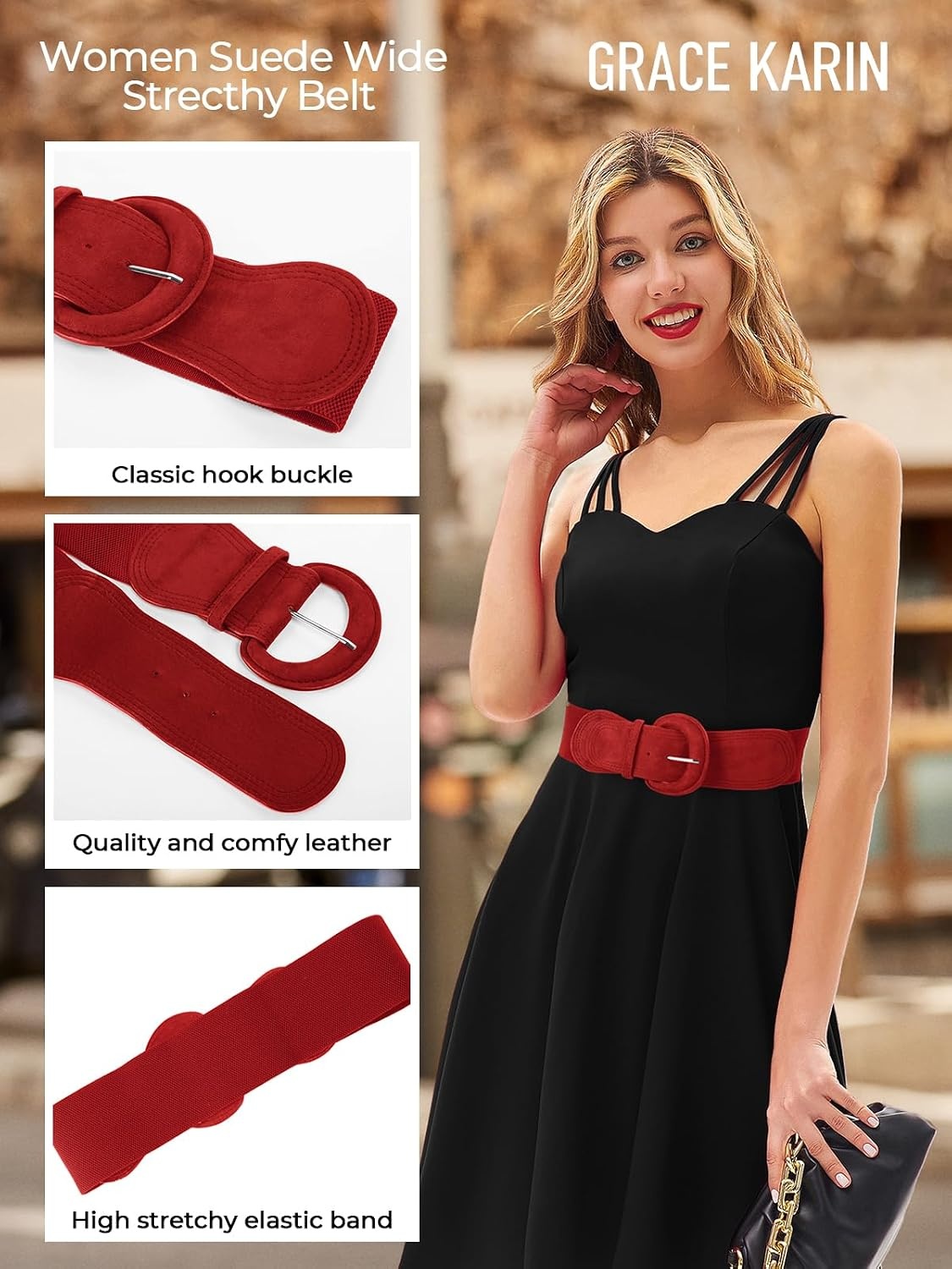 image:imageGRACE KARIN Wide Belt for Women Suede Elastic Chunky Belts with BuckleSuedered