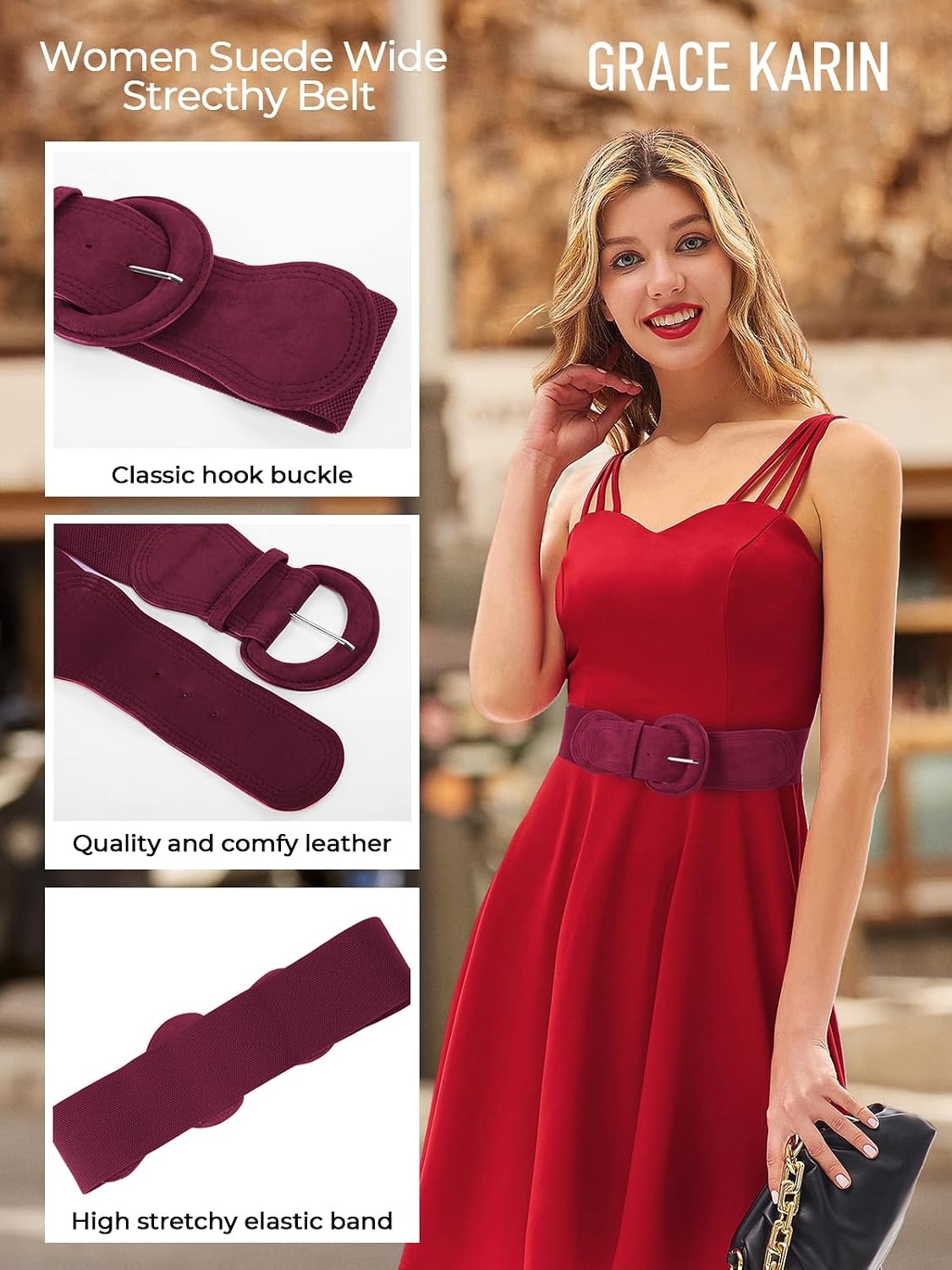 image:imageGRACE KARIN Wide Belt for Women Suede Elastic Chunky Belts with BuckleSuedewine Red